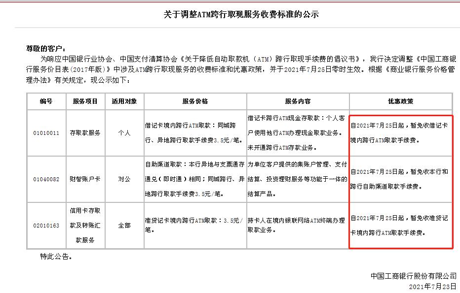 中国工商银行ATM跨行取款手续费暂免 2021年7月25日_工行跨农行转账手续费是多少_中国银行ATM跨行取现手续费免收 2021年7月25日